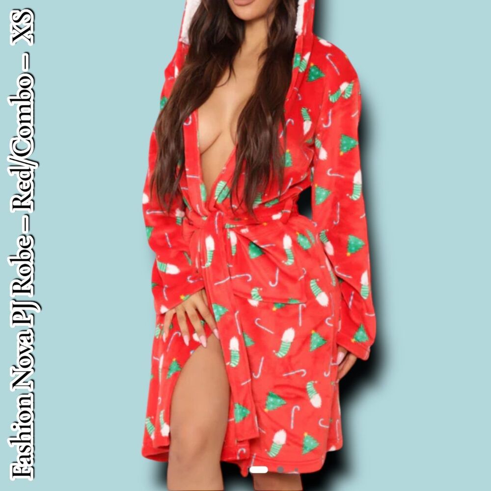 Fashion Nova Elf Cutie Plush PJ Robe – Red/Combo – Size Xs
